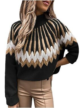 Black Chevron Knit Sweater with Gold and White Pattern
